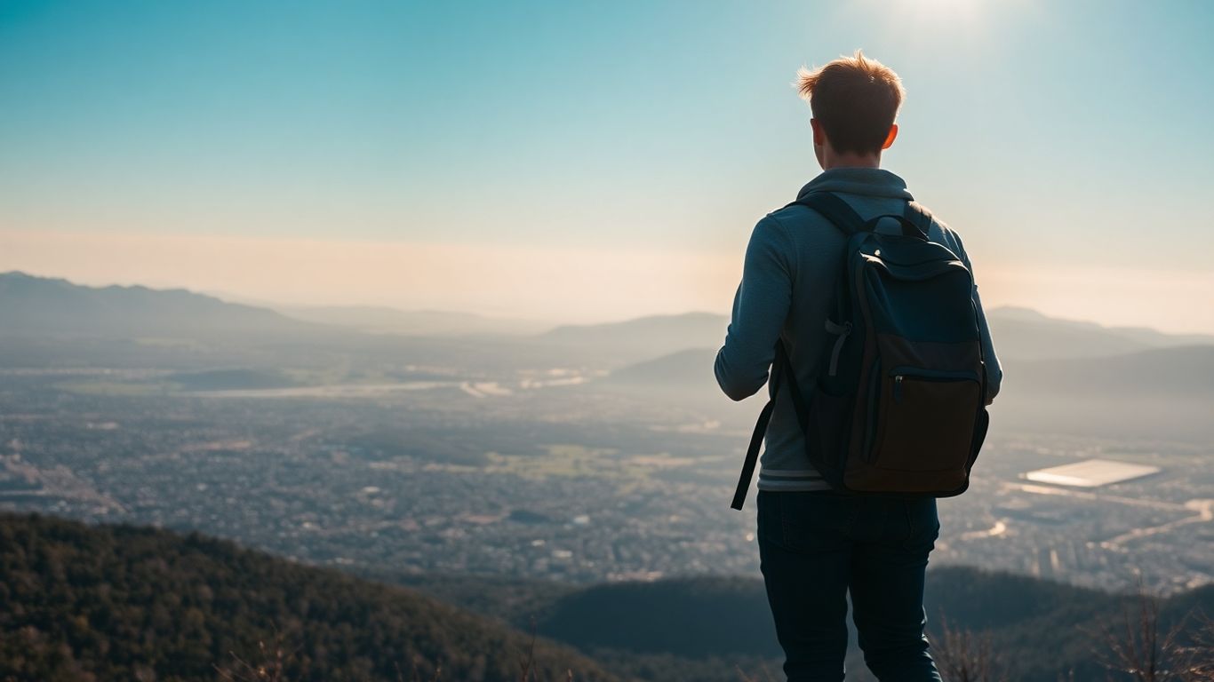 Person mit Rucksack blickt auf Stadt und Berge