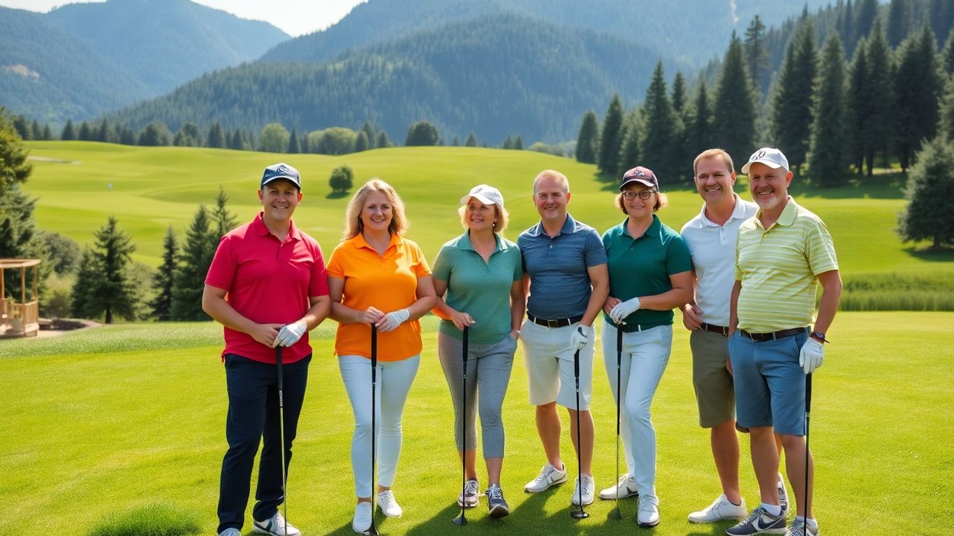 Gruppe Golfer auf einem grünen Golfplatz mit Bergen