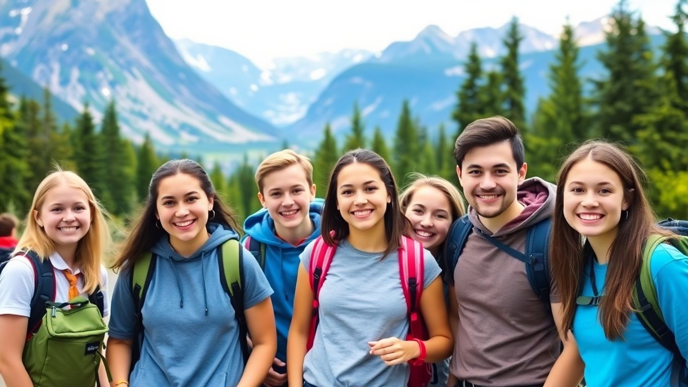 Schüler auf einer Reise in Kanada mit Bergen im Hintergrund.