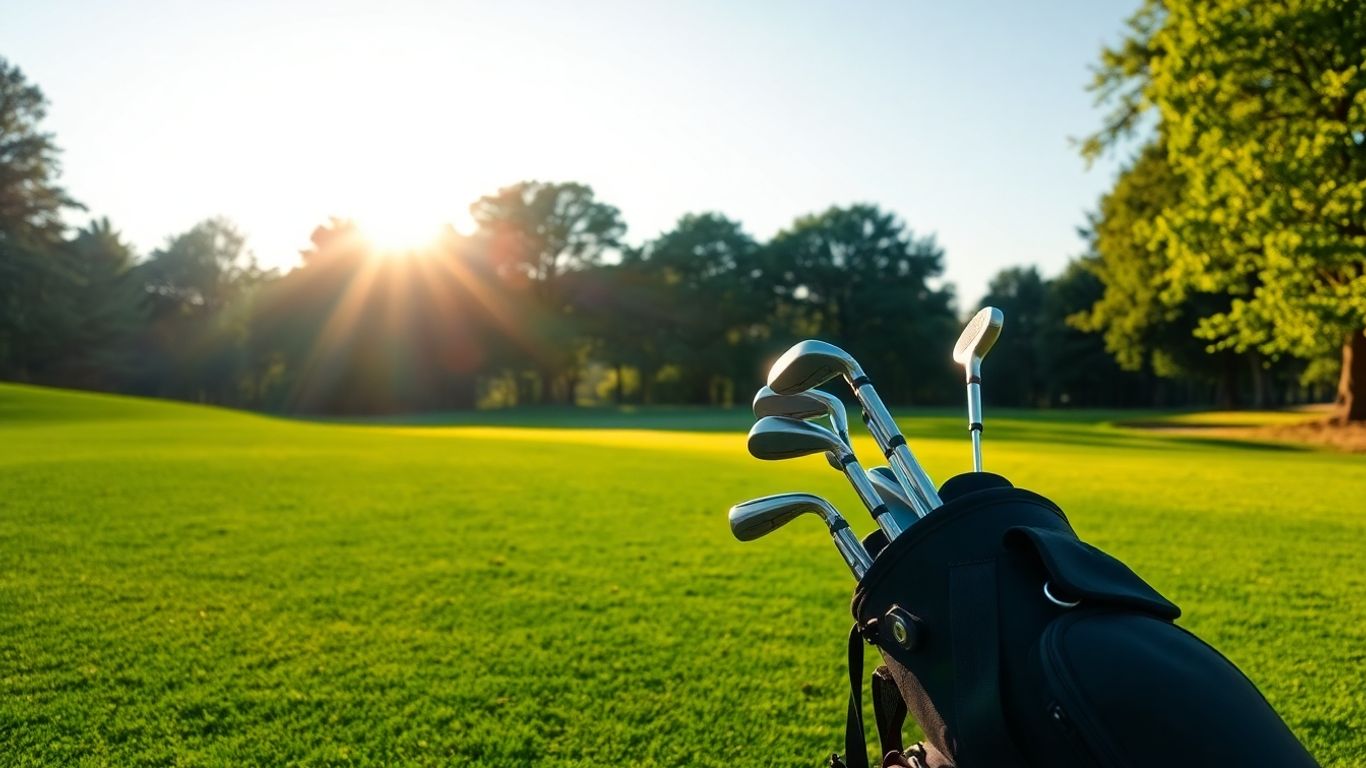 Golftasche auf einem grünen Golfplatz mit Schlägern.