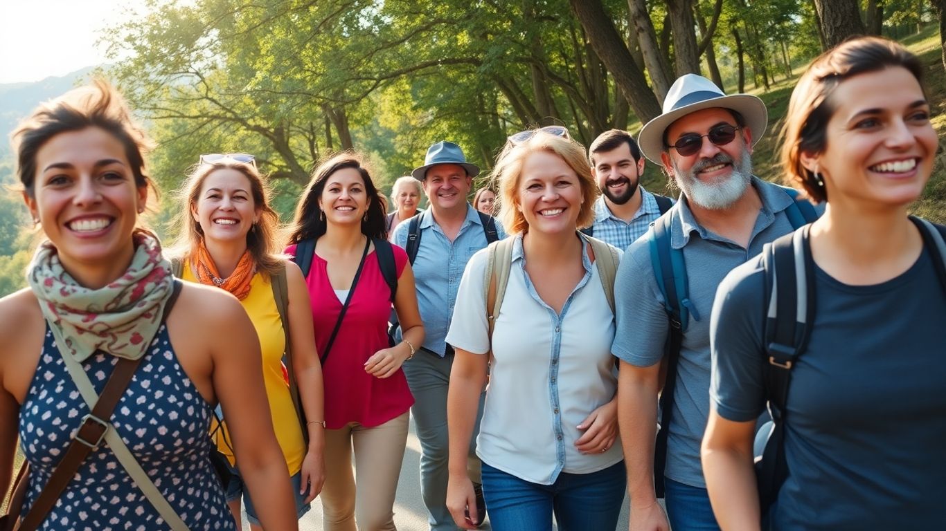 Sichere Gruppenreise mit glücklichen Reisenden in der Natur.