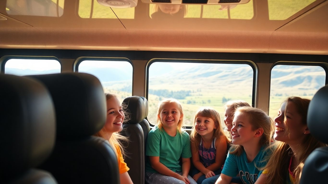 Schüler auf einer Busreise genießen die Aussicht.