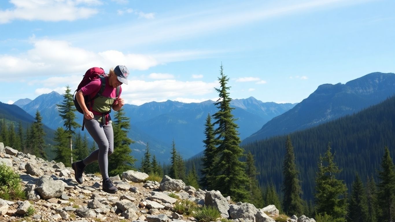 Kanadische Berglandschaft mit Wanderer auf felsigem Pfad.